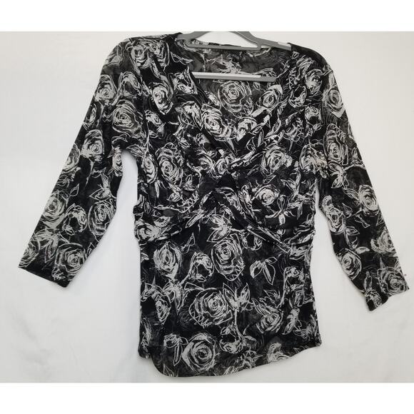 Alfani Petite Sheer Black White Floral Criss Cross Draped Front V-Neck Size P/L - Picture 1 of 6